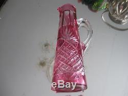 Antique Bohemian Cranberry Hand Cut Crystal/ Glass Ewer Pitcher Vase