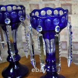 Antique Bohemian Czech Cut to Clear Blue Cobalt Candlesticks Crystal Lustre Pair