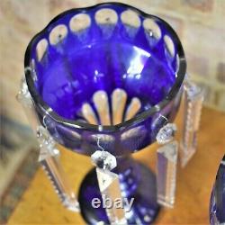 Antique Bohemian Czech Cut to Clear Blue Cobalt Candlesticks Crystal Lustre Pair