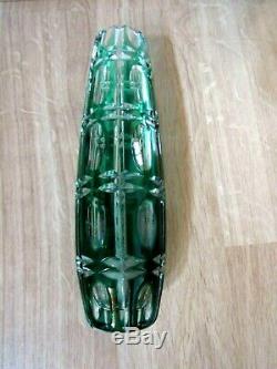 Antique Bohemian Czech EMERALD GREEN CUT-TO-CLEAR 9 Crystal Vase