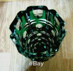 Antique Bohemian Czech EMERALD GREEN CUT-TO-CLEAR 9 Crystal Vase