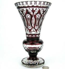 Antique Bohemian Czech Ruby Red Cut to Clear Cased Glass Crystal Vase Geometric
