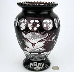 Antique Bohemian Czech Ruby Red Cut to Clear Cased Glass Crystal Vase Poppies