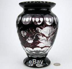 Antique Bohemian Czech Ruby Red Cut to Clear Cased Glass Crystal Vase Poppies