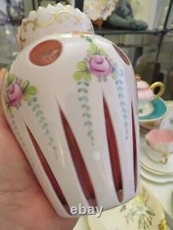 Antique Bohemian Double Overlay Cut-Glass Vase Pink