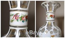 Antique Bohemian Moser cut to clear crystal enameled painted glass white vase