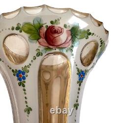 Antique Bohemian Overlay Cut Crystal Mantle Vase Scallop To Enameled Painting