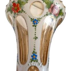 Antique Bohemian Overlay Cut Crystal Mantle Vase Scallop To Enameled Painting