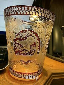 Antique Bohemian Red Cut to Clear, Etched Crystal Vase 6.5 x 6