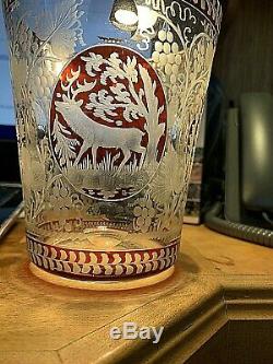 Antique Bohemian Red Cut to Clear, Etched Crystal Vase 6.5 x 6