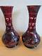 Antique Bohemian Ruby Cut To Clear Glass Crystal Pair Vases 10.5