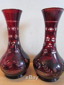 Antique Bohemian Ruby Cut to Clear glass crystal PAIR Vases 10.5