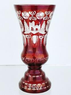 Antique Bohemian cut Glass Art vase Czech cased ruby red to clear crystal Bird