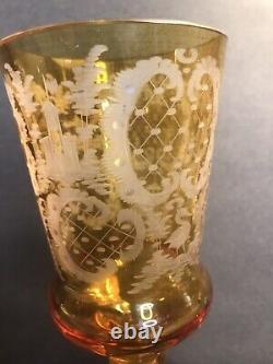 Antique Bohemian glass vase/Goblet/YellowithEtched/C. 1920/Bird Flower Fox/Crystal