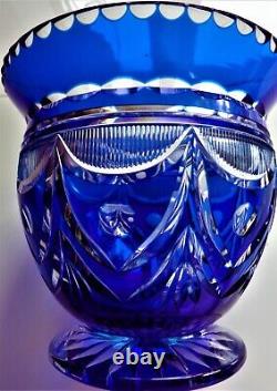 Antique C1890 Lg Hand Cut Cased Crystal Footd Vase Royal Blue To Clear Baccarat