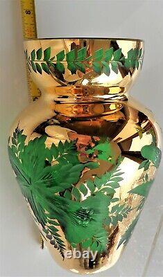 Antique Cased Crystal Vase Emerald Cut To Clear Gold Overlay Bohemia Czech Moser
