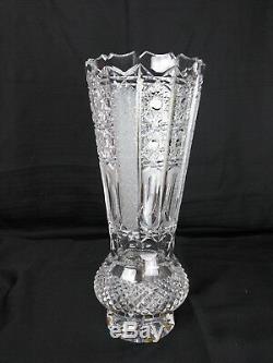 Antique Continental Large Hand Cut & Polished Crystal Vase Sawtooth Rim 14 Tall