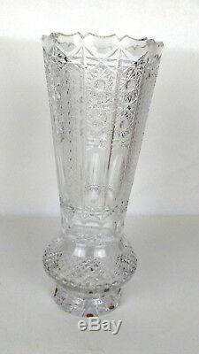 Antique Continental Large Hand Cut & Polished Crystal Vase Sawtooth Rim 14 Tall