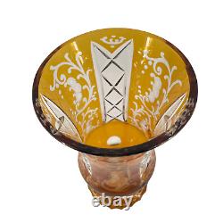 Antique Czech Bohemian Art Deco 1930's Amber/Yellow-Cut-To-Clear 10 Glass Vase