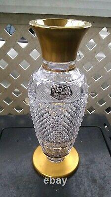 Antique Czech Bohemian Crystal Diamond & Panel Cut Glass Gold Gild 10 Vase