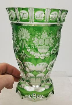 Antique Floral Fine Cut Glass Crystal Green to Clear Vase Chipped As IS