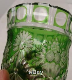 Antique Floral Fine Cut Glass Crystal Green to Clear Vase Chipped As IS