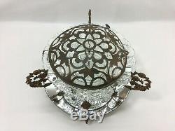 Antique Flower Frog Planter Cut Crystal Glass Bronze Beveled Mirror Art Nouveau
