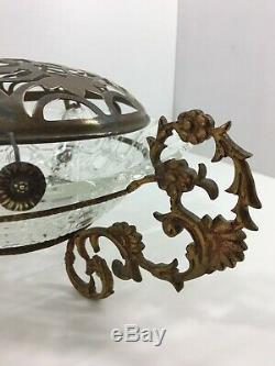 Antique Flower Frog Planter Cut Crystal Glass Bronze Beveled Mirror Art Nouveau