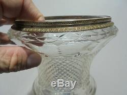 Antique French Baccarat Style Cut Glass Crystal & Bronze Lg Urn Vase 10