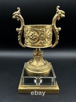 Antique French Gilt Bronze Cut Crystal Vase Victorian Ornate Handled 12in