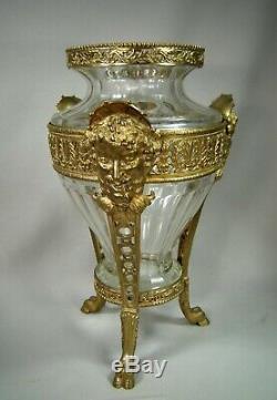 Antique Gilt Bronze Mythological Faces Cut Crystal Baccarat Vase Center Piece