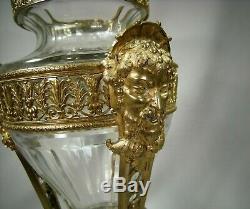 Antique Gilt Bronze Mythological Faces Cut Crystal Baccarat Vase Center Piece