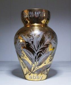 Antique LARGE Czech Art Glass Crystal Gold Gilt Cut to Clear Floral Vase