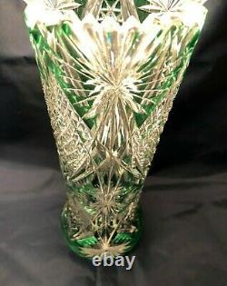 Antique Large 14 Emerald Green Cut To Clear Majestic Crystal Clear Vase ABP