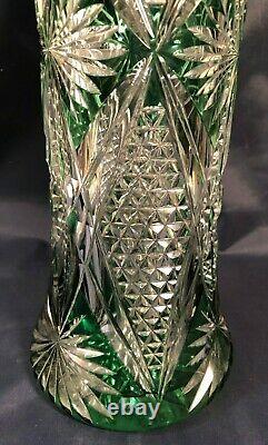 Antique Large 14 Emerald Green Cut To Clear Majestic Crystal Clear Vase ABP