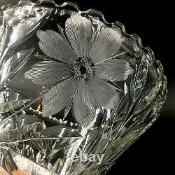 Antique Lead Crystal Bouquet Vase Etched Flowers Cut Glass Saw Tooth Fluted Top