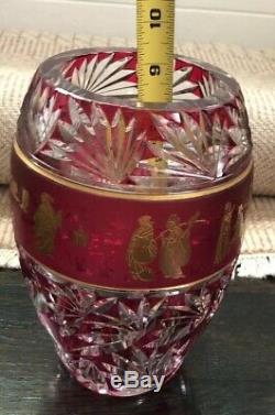 Antique Red Cut To Clear Val St Lambert Crystal Vase Gold Banded Chinese Design