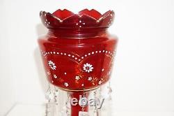 Antique Ruby Red Glass Mantle Luster Vase withWhite Enamel & Crystal Cut Prisms