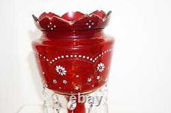 Antique Ruby Red Glass Mantle Luster Vase withWhite Enamel & Crystal Cut Prisms