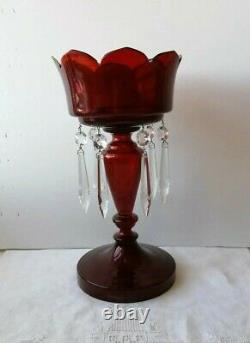 Antique Victorian Mantle Lustre Ruby Glass Candlestick Cut Crystal Lustre Drops