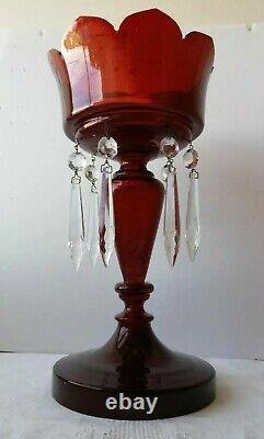 Antique Victorian Mantle Lustre Ruby Glass Candlestick Cut Crystal Lustre Drops