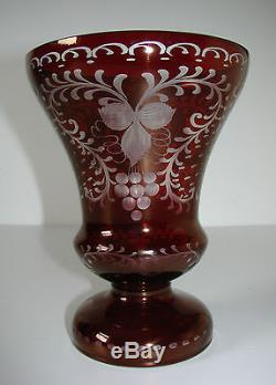 Antique/Vintage Bohemian Ruby Red Crystal/Glass Cut-to-Clear Vase 8