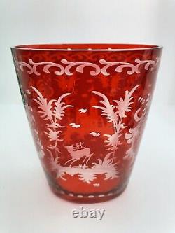 Antique Vintage EGERMANN Bohemian Red Cut to Clear Crystal Vase Deer & Castles