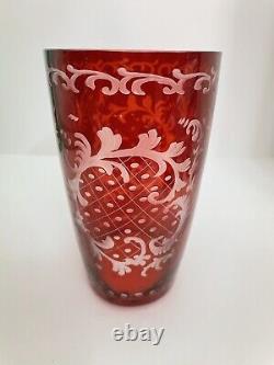 Antique Vintage EGERMANN Bohemian Red Cut to Clear Crystal Vase Deer & Castles