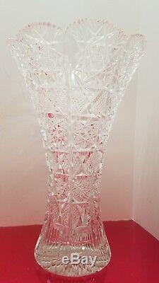 Antique Vtg Brilliant Cut Crystal Glass Flared Flower Vase Serrated Tooth Stars