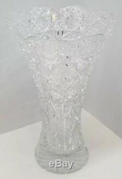 Antique Vtg Brilliant Cut Crystal Glass Flared Flower Vase Serrated Tooth Stars