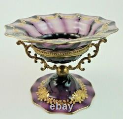 Antique Webb Amethyst Hand Painted Enamel Floral Art Glass Compote Tazza Epergne