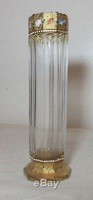 Antique handmade Moser enameled gilt clear cut crystal glass 10 sided bud vase