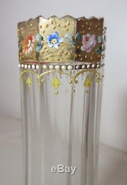 Antique handmade Moser enameled gilt clear cut crystal glass 10 sided bud vase