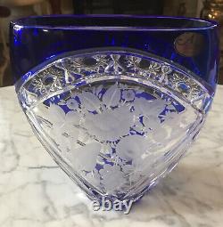 Arnstadt Kristall Cobalt Blue Cut To Clear Crystal Vase Etched Flowers & Fruit